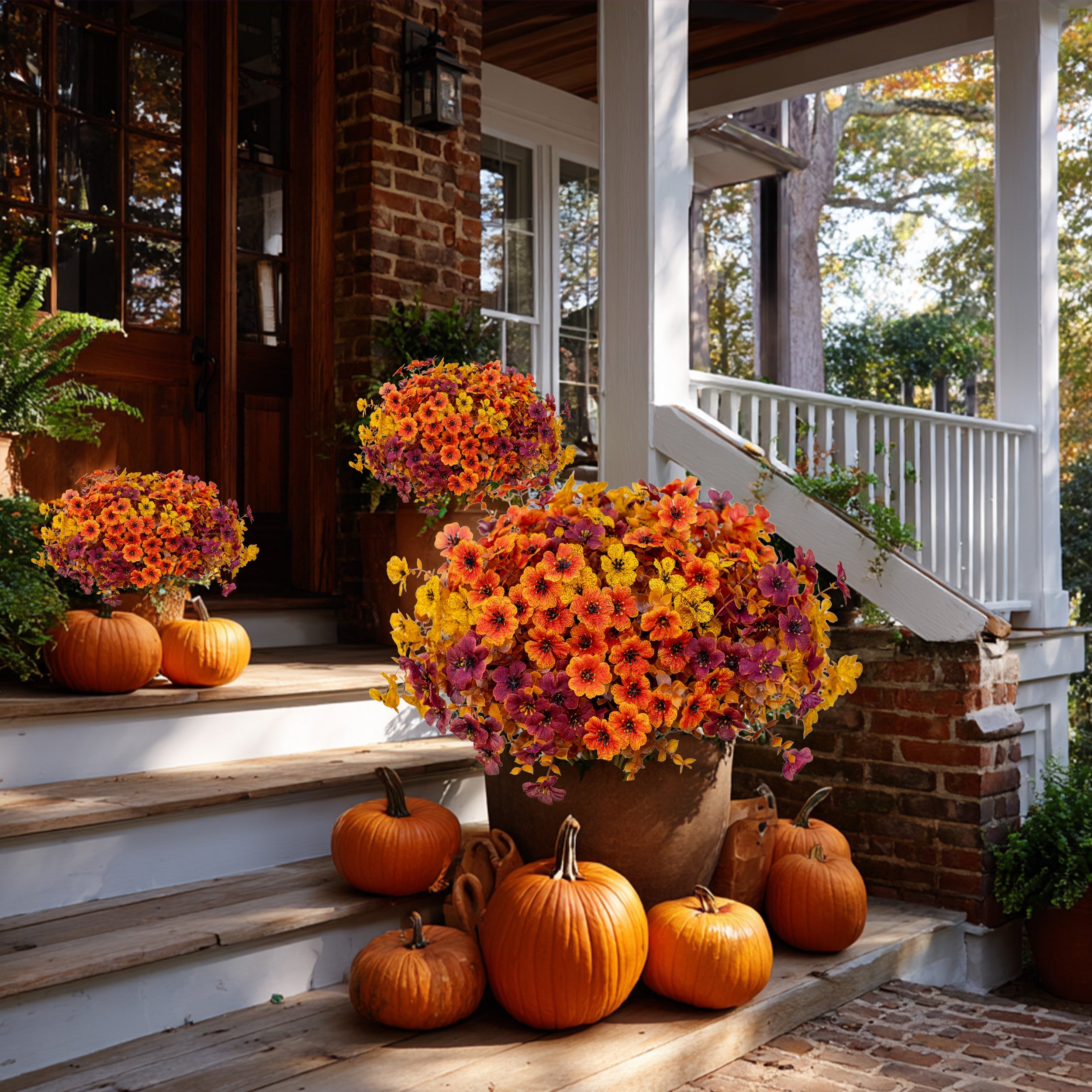 16 Bundles Artificial Fall Flowers – UV-Resistant Faux Mums for Porch, Patio & Autumn Decor