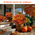 16 Bundles Artificial Fall Flowers – UV-Resistant Faux Mums for Porch, Patio & Autumn Decor