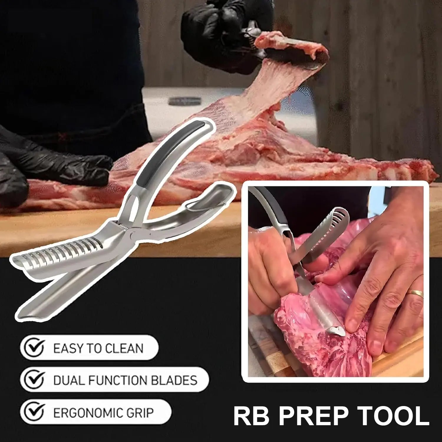 Stainless Steel BBQ Rib Membrane Remover Tool with Arc Clamp & Non-Slip Ergonomic Grip