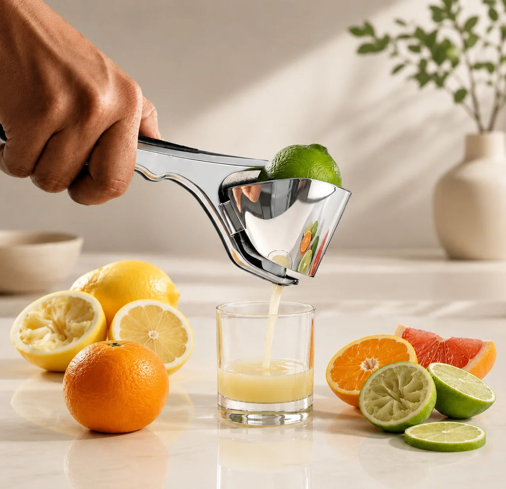 Manual Lemon Squeezer – Metal Citrus Press with Strainer
